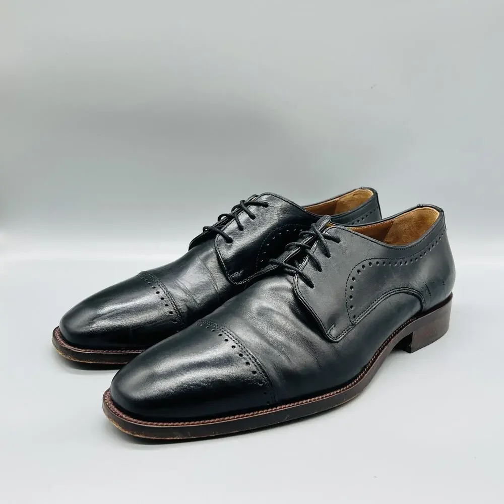 Johnston & Murphy Shoes Mens 9 Black Leather Cap Toe Derby Dress Almond Toe
